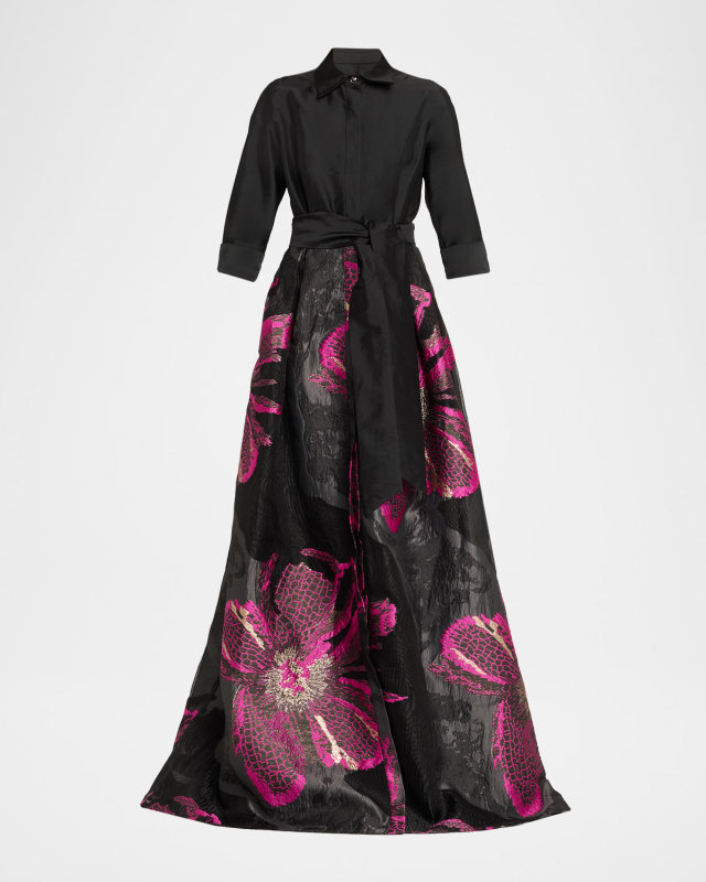 Metallic Floral Jacquard Shirt Gown